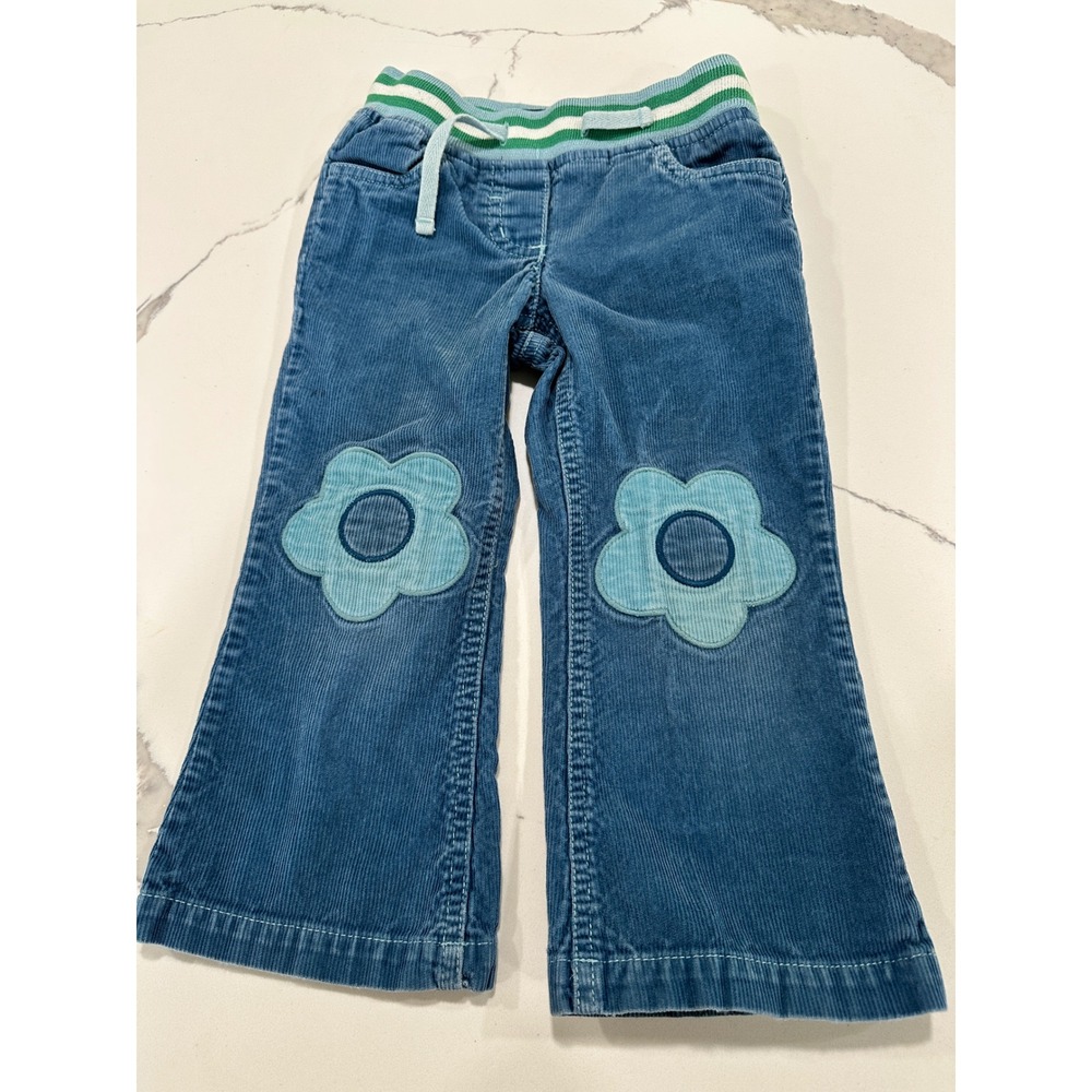 Mini Boden Girls Blue Corduroy Flower Patch Pants 3Y Striped Waistband
